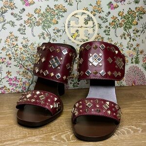 Tory Burch Kingsbridge Studded Open-Toe Wedge Sandal Red Agate Size 7